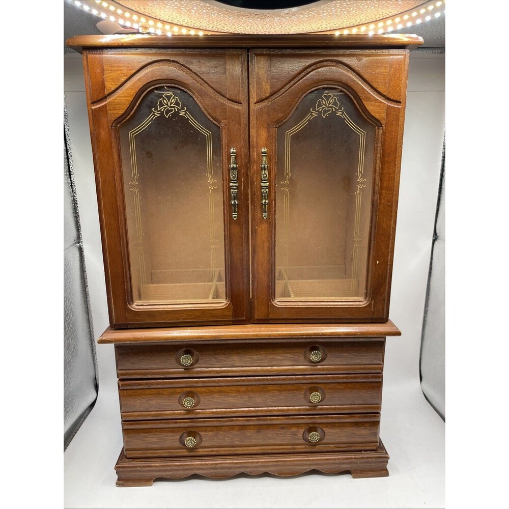 Vintage Wood 2 Door Jewelry Box Armoire Cabinet w/ Mirror & Organizer Drawers